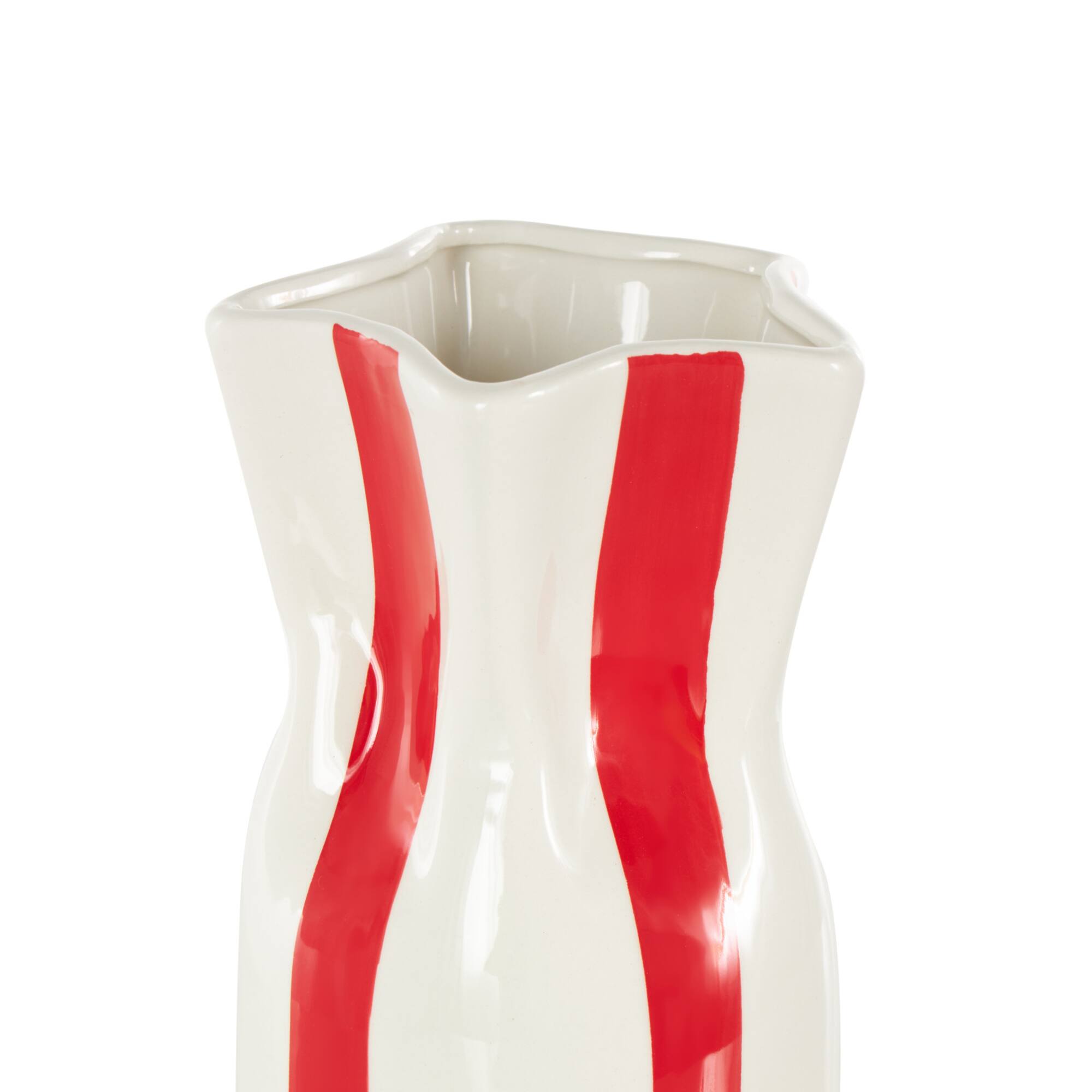 12" White & Red Stripes Round Decorative Ceramic Vase